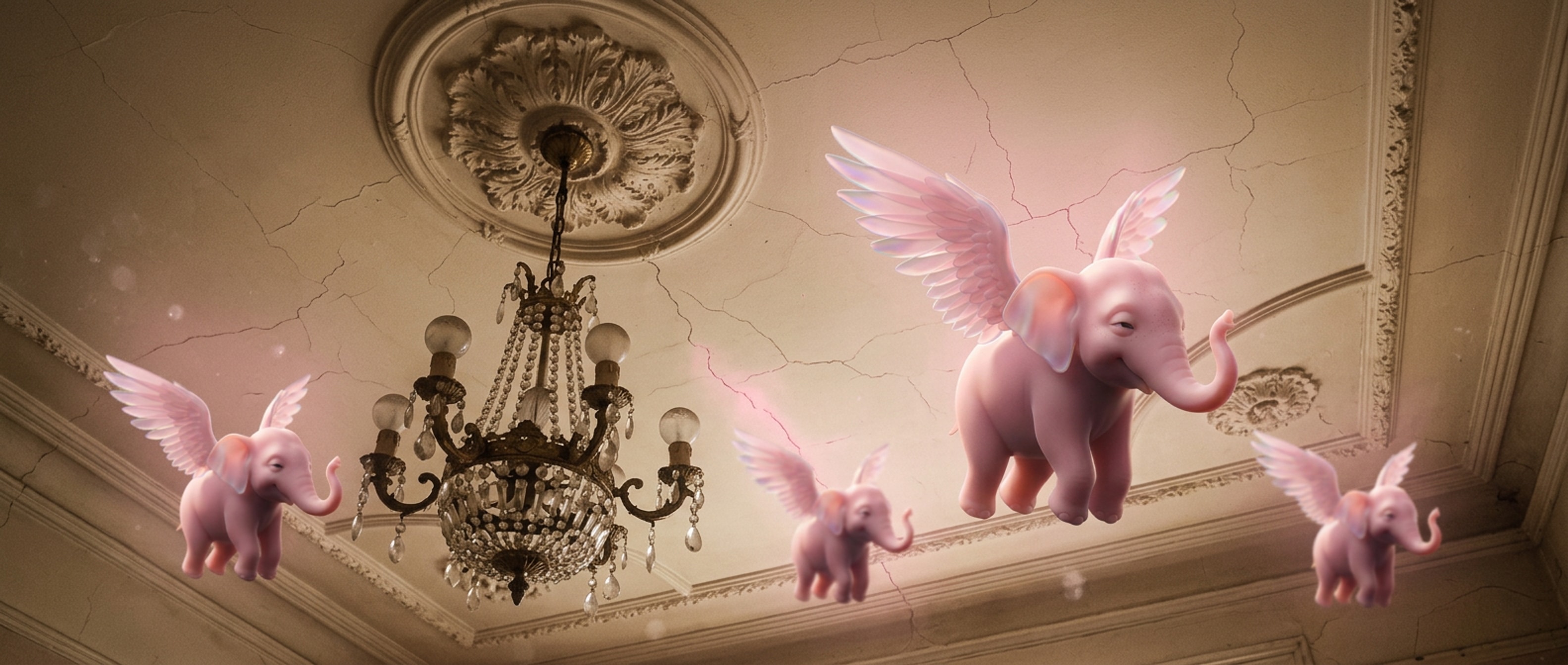 Pink ghost elephants drifting across an Edwardian-era ceiling